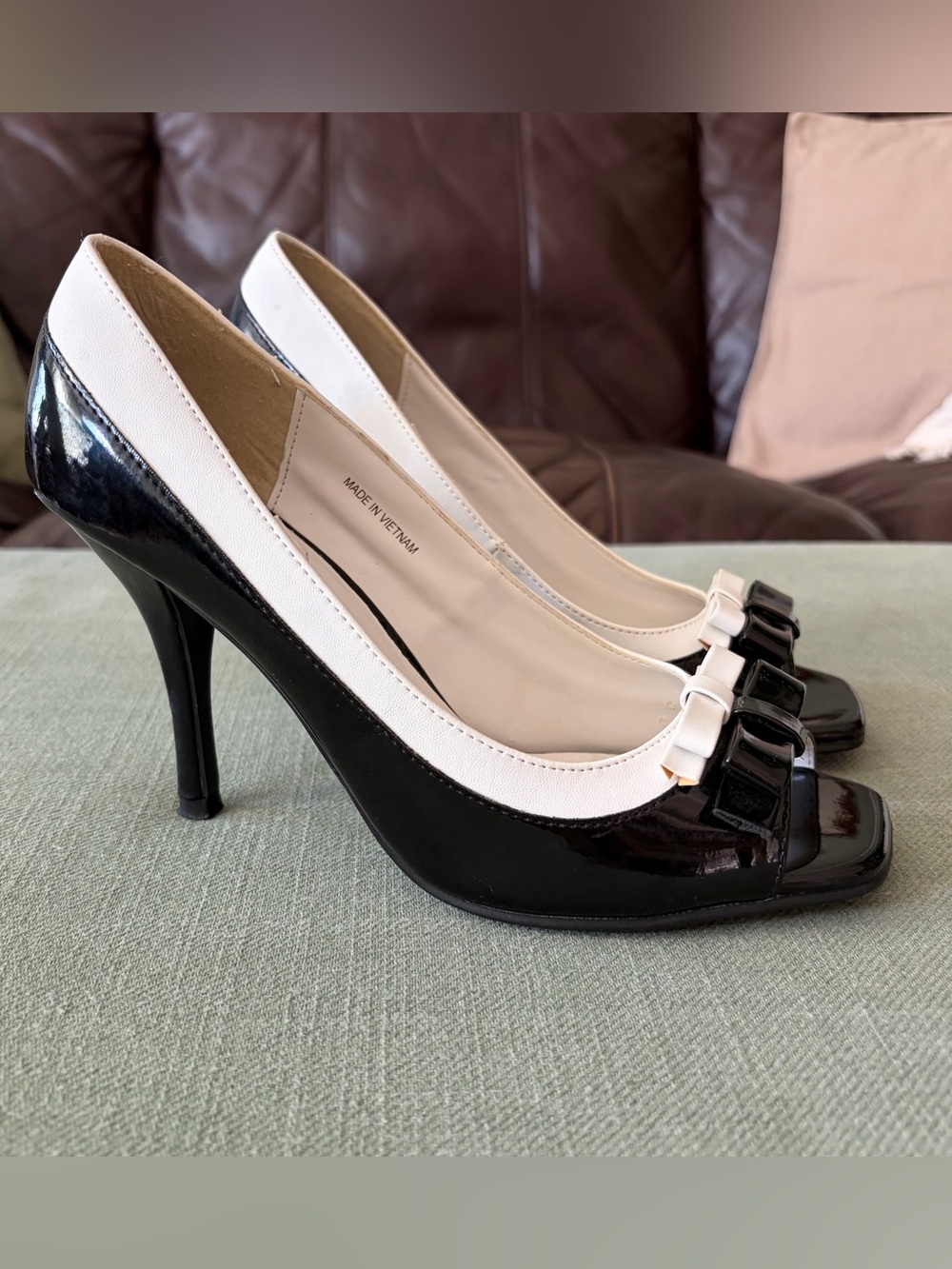 Le Chateau Black and White Double Bow Peep-Toe 3” Patent Leather Heels